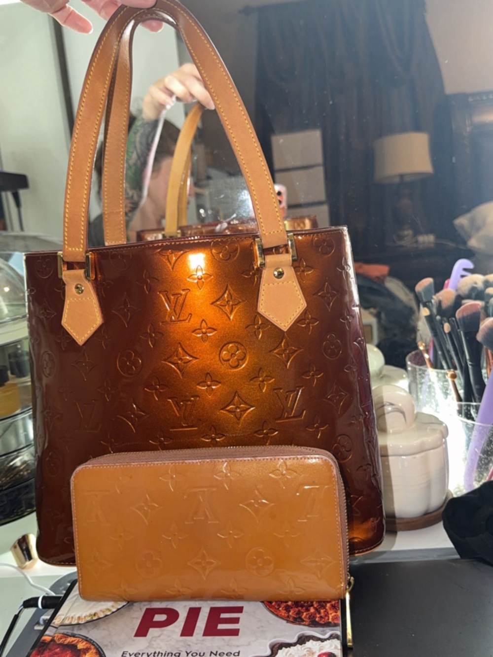 Louis Vuitton Monogram Vernis Metallic Copper-Brown Patent Tote with Tan Wallet